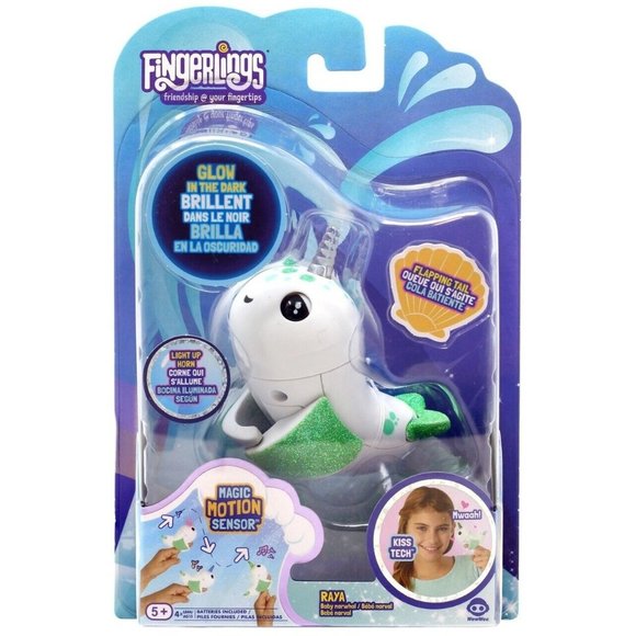 NEW Fingerlings RAYA baby NARWHAL Glow n dark Lights Up & Kisses Interactive Toy - Picture 1 of 6